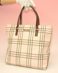 バーバリー ハンドバッグ ナイロン 薄ピンク/焦茶 バーバリーチェック柄@