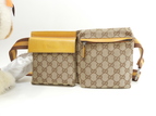 グッチ ベルトバッグ GGシュプリーム コットン茶黄革 ボディバッグ ウエストバッグ 美品@