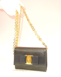 サルヴァトーレフェラガモ ポシェットバッグ 型押しレザー 紺@