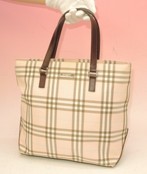 バーバリー ハンドバッグ ナイロン 薄ピンク系/エンジ革 バーバリーチェック柄@