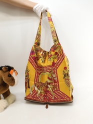 エルメス シルキーポップ エコバッグ シルク馬黄赤レザー茶 ハンドバッグ 極美品@