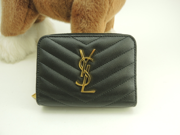 YSL ブラック 二つ折り財布　コンパクトジップアラウンドウォレット サンローラン コンパクトジップアラウンドウォレット YSL レザー