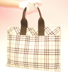 バーバリー ハンドバッグ ナイロン ベージュ系 バーバリーチェック柄@