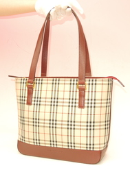 バーバリー ショルダーバッグ コットン/レザー ベージュ系/エンジ革 バーバリーチェック柄@