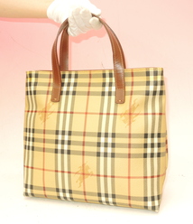 バーバリー ハンドバッグ ビニール ベージュ系 バーバリーチェック柄@