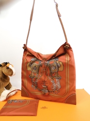 エルメス シルキーシティGM シルク茶レザー ショルダーバッグ@□M